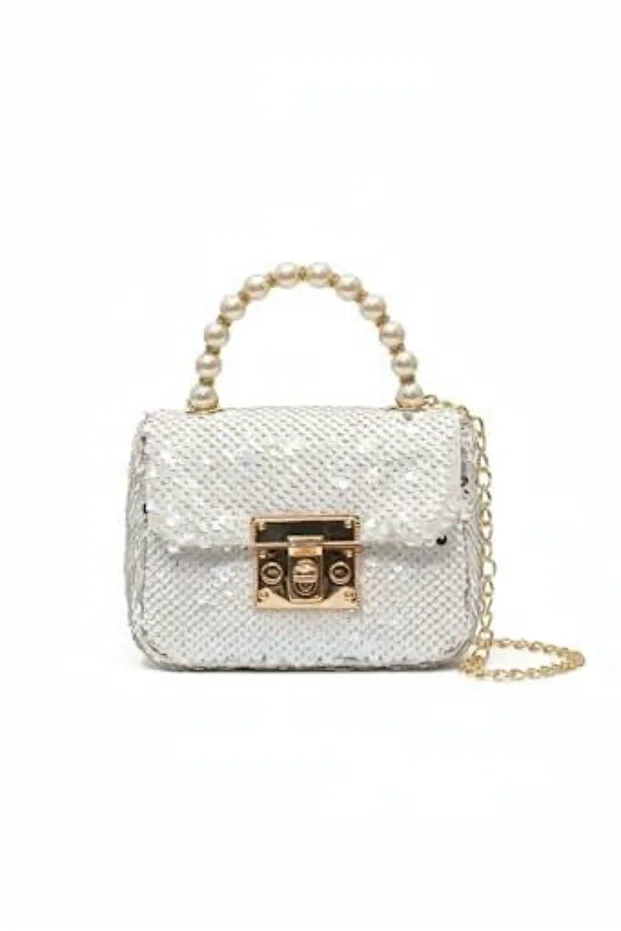 Çanta Trend Mini Girls' Festive, Daily, Stylish Shoulder Bag with Pearl Handle and Shiny Sequin Chain Strap