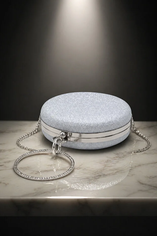 Moda Lime Silver Women's Round Shaped Stone Detailed Chain Strap Evening Dress Clutch Bag Stylish Evening Event Bag
