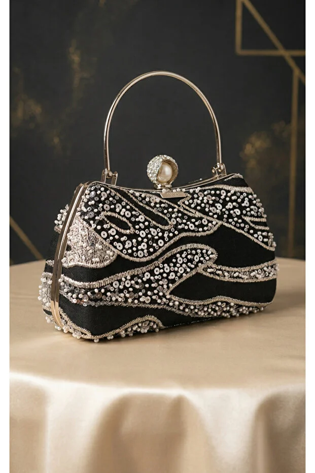 Telli Art Black Silver Detailed Evening Dress Bag – Stylish Design with Stones, Chain Strap, 14X23 cm