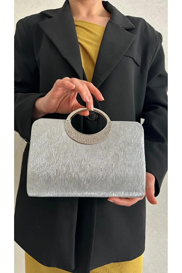 she poly Women's Silver Ring Handle Evening Dress Clutch Bag
