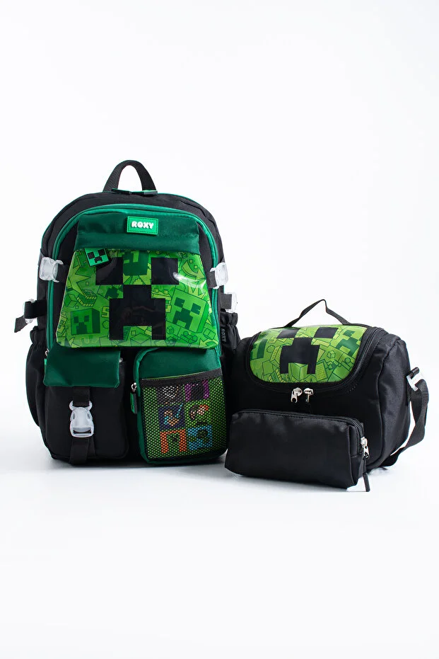 Sona Park Mine Creeper Kawaii Korean Style Multi-Compartment Children's School Bag, Lunch Bag, Pencil Case Set