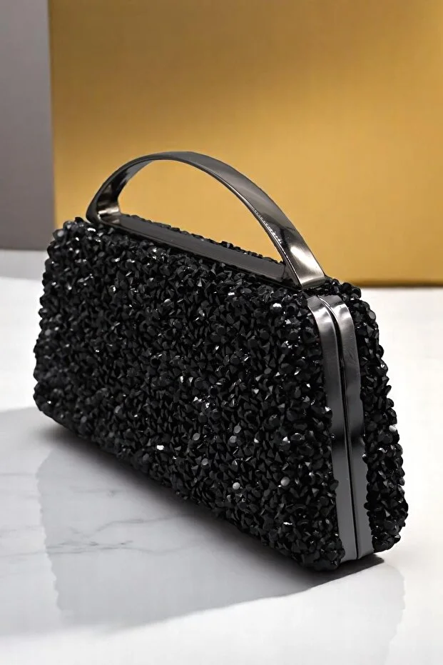 HFKY Stone Evening Dress Bag. Black Stone Invitation Evening Bag.