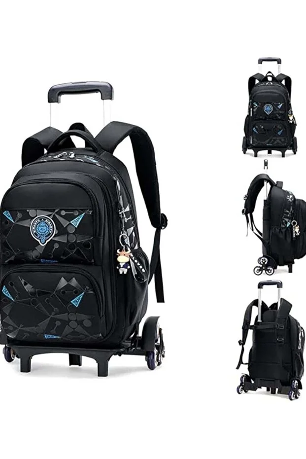 huitich Printed 6-Wheel Trolley School Backpack Black and Blue