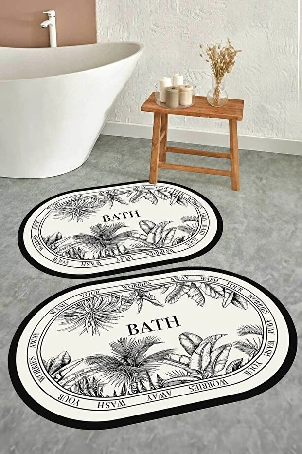 Decomia Home Digital Non-Slip Washable Black and White Botanical Double Bath Mat Set Bathroom Rug Bathroom