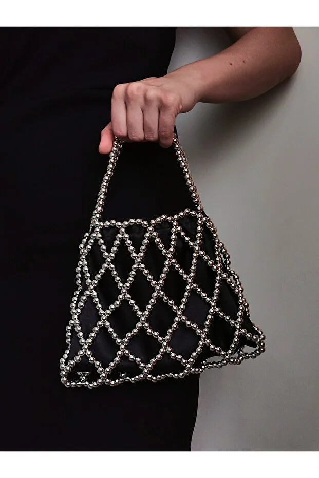 vivozza Diamond Patterned Silver Pearl Bag - Pearl Bag Pearl Bead Bag - Evening Dress Bag