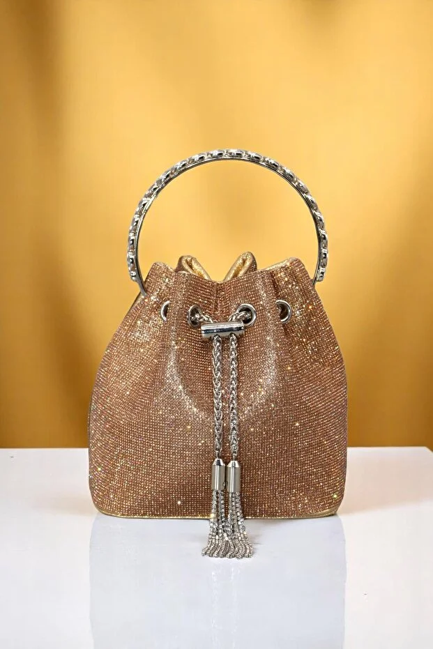 HFKY Women's Gold Design Evening Dress Bag. Tassel Detailed Stone Embroidered Handbag.