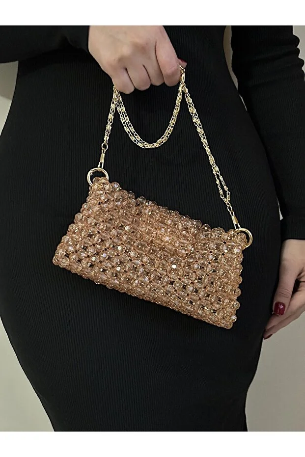 vivozza Champagne Bead Bag - Evening Dress Bag - Invitation Bag - Shoulder Bag - Evening Bag 20X13Cm