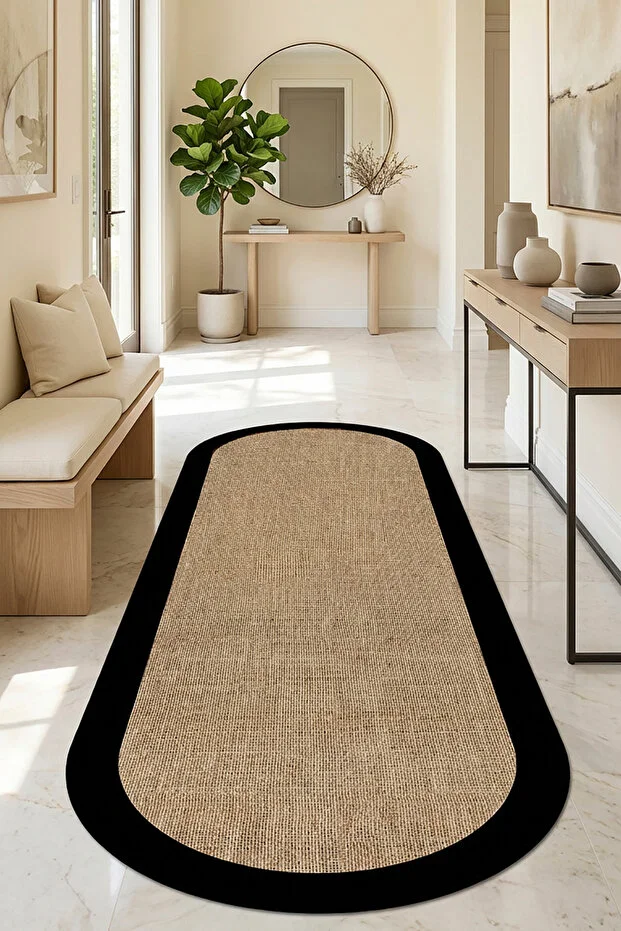 Decomia Home Digital Non-Slip Washable Black Jute Look Oval Living Room Carpet Kitchen Carpet Hallway Carpet