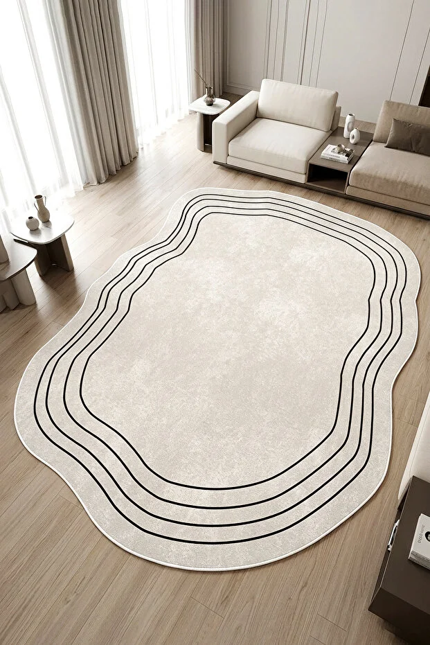 Decomia Home Digital Printed Non-Slip, Washable Asymmetrical Cut Black Striped White Carpet-Mat-D4055