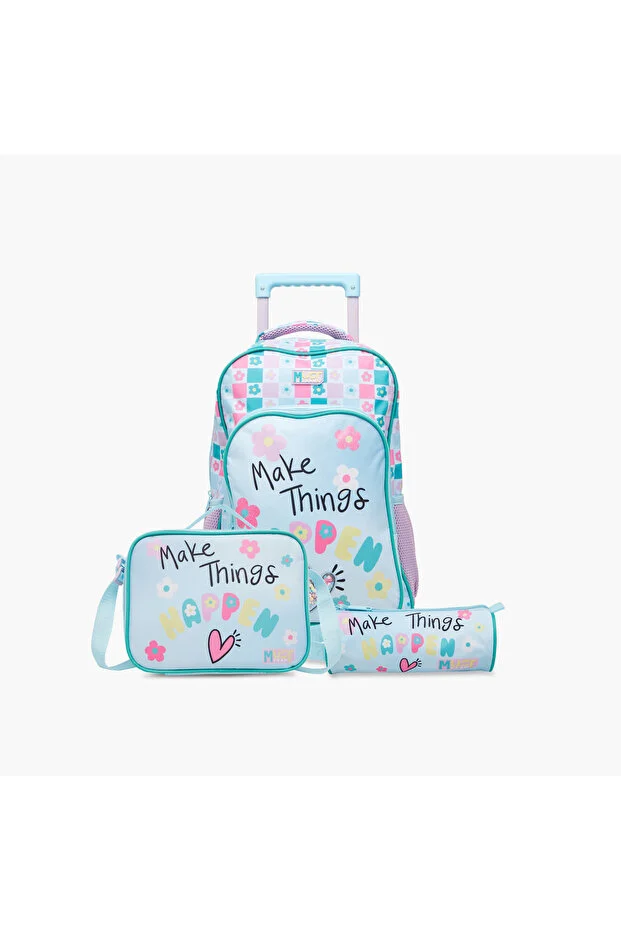 Must Printed Trolley Backpack with Lunch Bag and Pencil Pouch - 43x30x13 cms