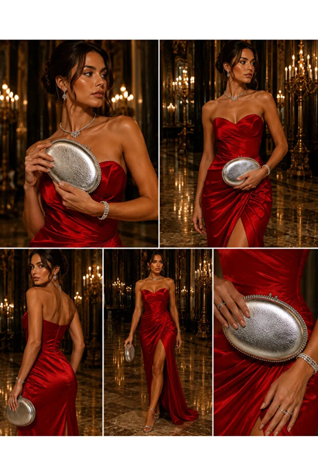 NAZART Women's Wrinkled Leather Silver Evening Dress Clutch Chain Strap Hand and Shoulder Wedding Engagement Evening Bag