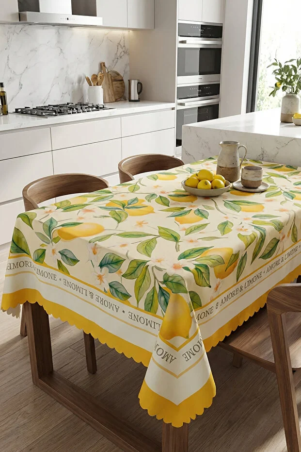 Decomia Home Modern Lemon Patterned Tablecloth, Stain-Resistant, Stylish Design for Garden Balcony