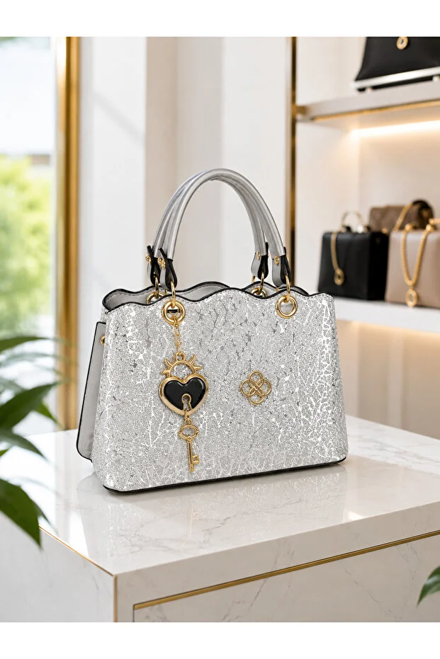 MOLDİVA Silvery Patterned Evening Dress Bag, Wedding Bag, Small Compartmented Dress Bag, Women's Black Bag, Shoulder Bag