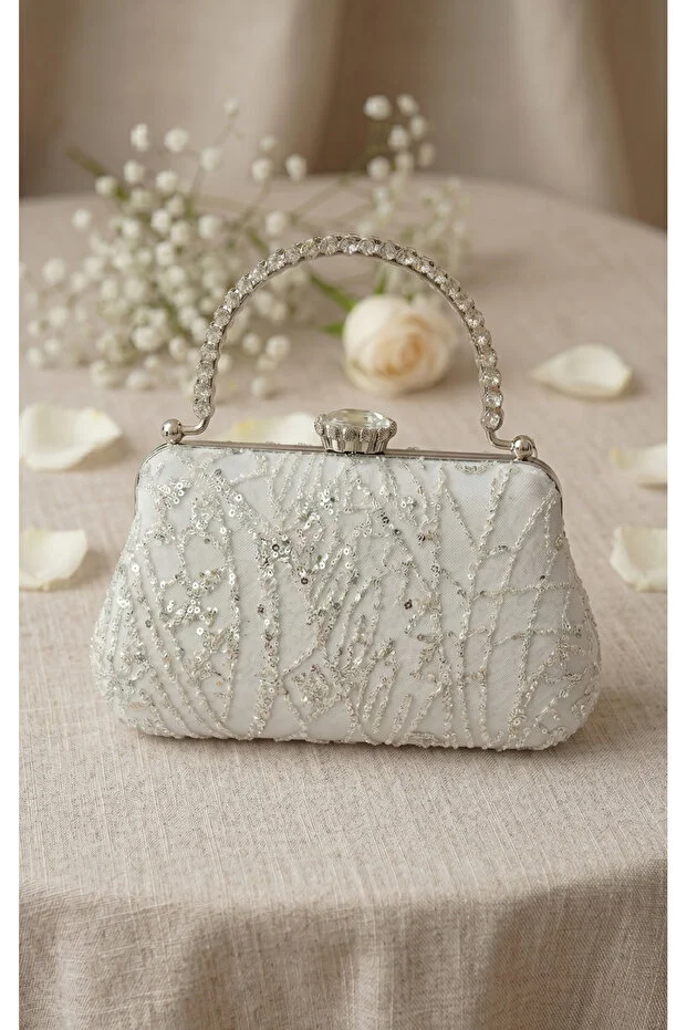 Telli Art Stone Detailed Chain Strap Bridal Bag Evening Dress Portfolio 12X21 cm