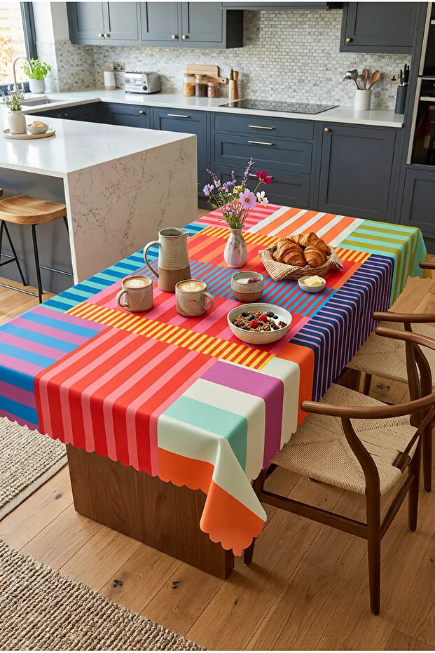 Decomia Home Modern Colorful Striped Tablecloth Stain-Resistant Stylish Design for Garden Balcony