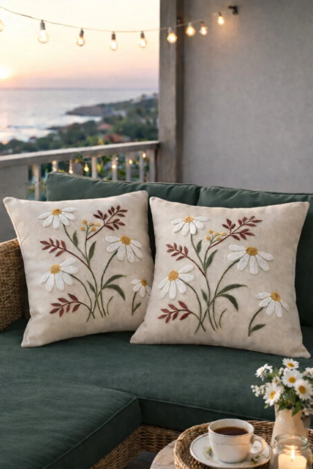 Decomia Home Double Daisy Modern Tufting Punch Embroidered Linen Blend Throw Pillow Cover Living Room