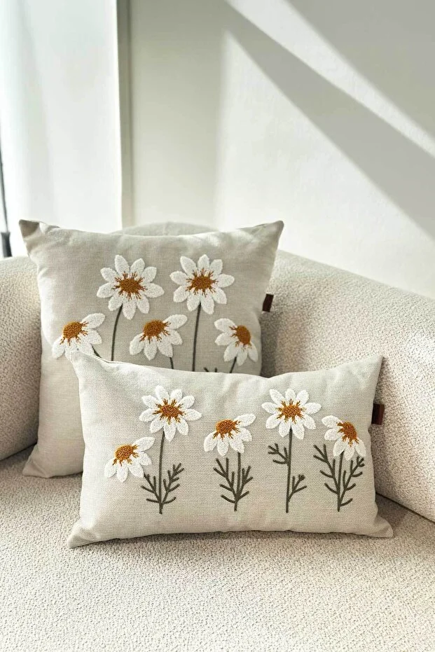 Decomia Home Modern Tufting Punch Embroidered Linen Blended Double Daisy Throw Pillow Cover Living Room