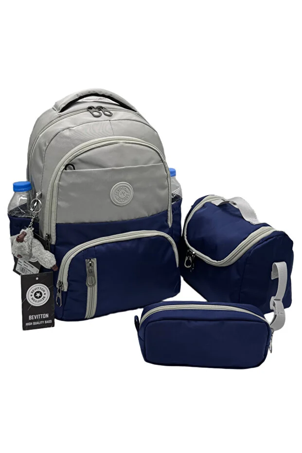 Bevitton First School Bag Set of 3 Unisex Children's Primary School Backpack 8010 Gray-Navy Blue