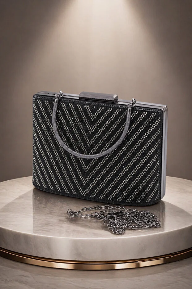 Moda Lime Stoned Black Women's Evening Dress Handbag with Stone Detail and Chain Strap, Stylish Evening Event Clutch Model, Elegant