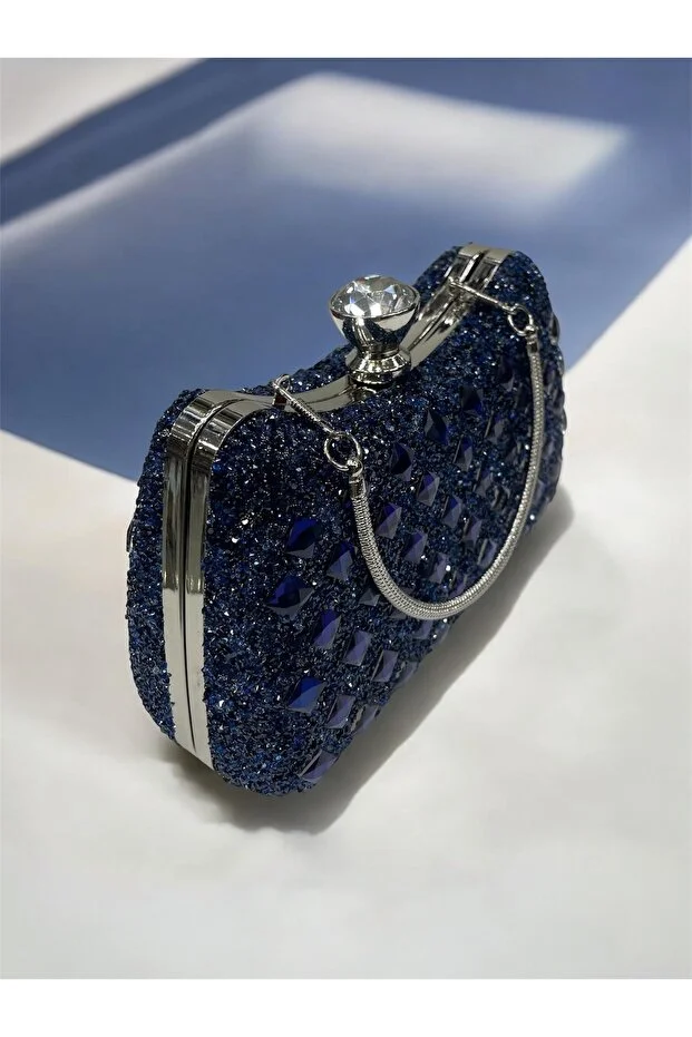 Busrabags Navy Blue Stone Double-Way Chain Strap Evening Dress Bag